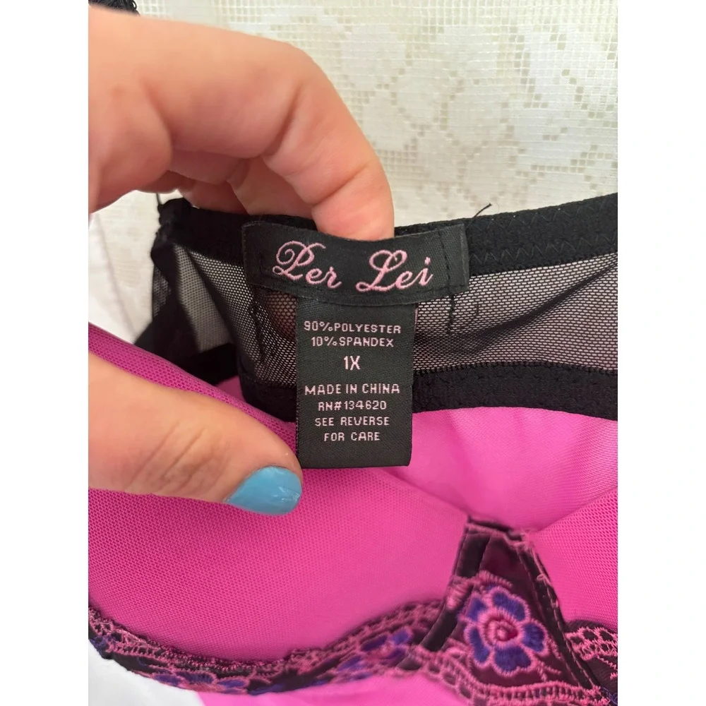 Y2K Pink+Black+Purple‎ Floral Embroidered Coquette Sheer Mesh Chemise Size XL
